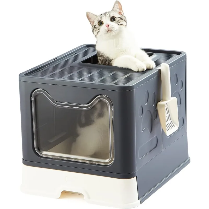 

Foldable Cat Litter Box with Lid Front Entry & Top Exit XXL Extra Large Space Covered Kitty Litter Boxes Enclosure Toilet