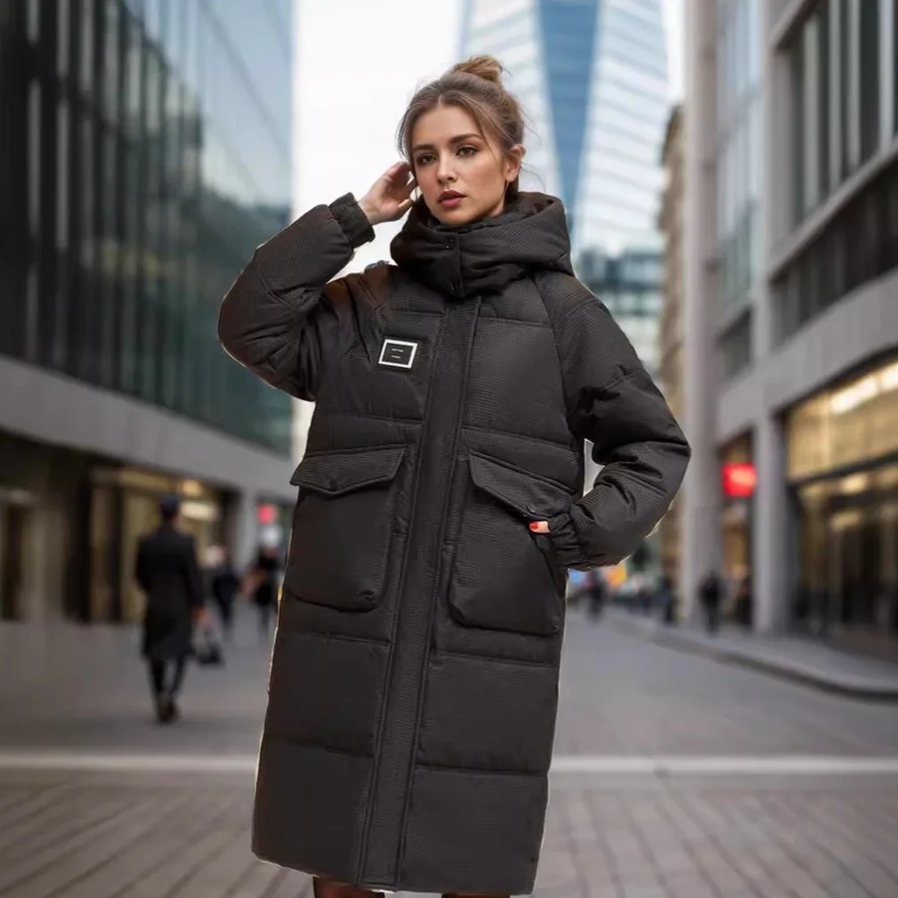 

Утолщенная зимняя женская стеганая куртка, однотонные эластичные манжеты, длинное стеганое пальто с большими карманами для женщин, терможенское пальто с капюшоном