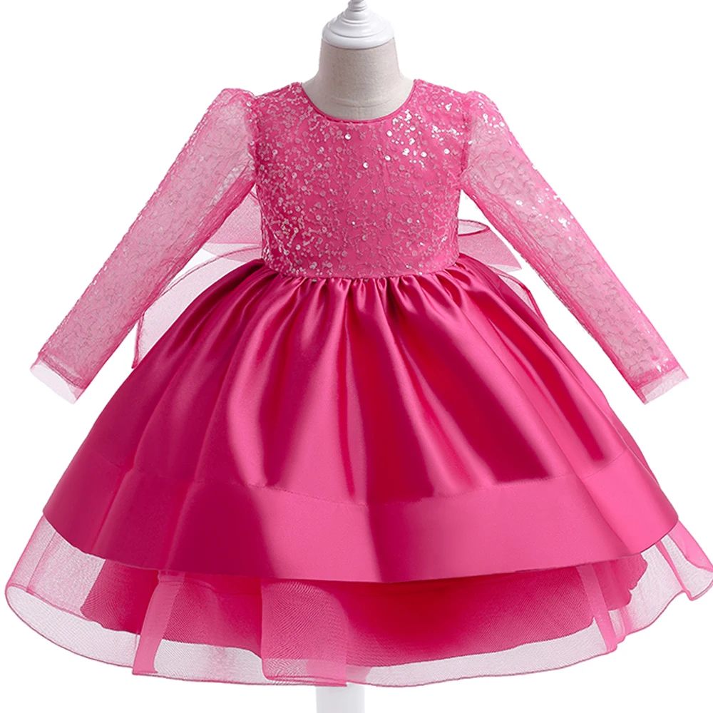 Formal Long Sleeve Lace Sequins Wedding Princess Dress Host Birthday Evening Bow Kids Dress for Girl Bridesmaid Children Clothes