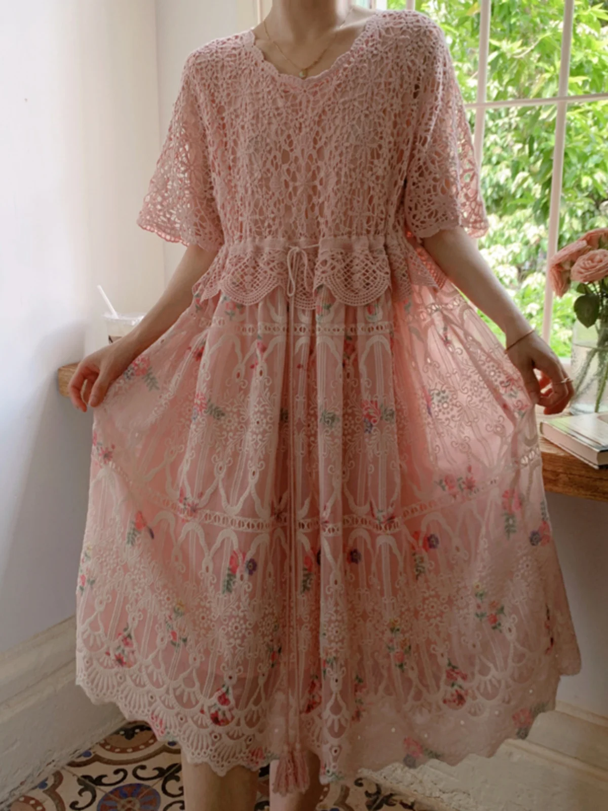 

TIYIHAILEY Summer Women Embroidery Pink Dress With Lining Half Sleeve Long Mid-Calf Ladies Loose Fake 2 Pcs Adjusted Waist