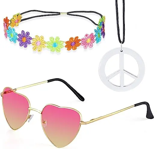 PESENAR Women Hippie Costume Set - 60\'s 70s Style Retro Vintage Glasses Peace Sign Necklace Sunflower Crown Hair Band