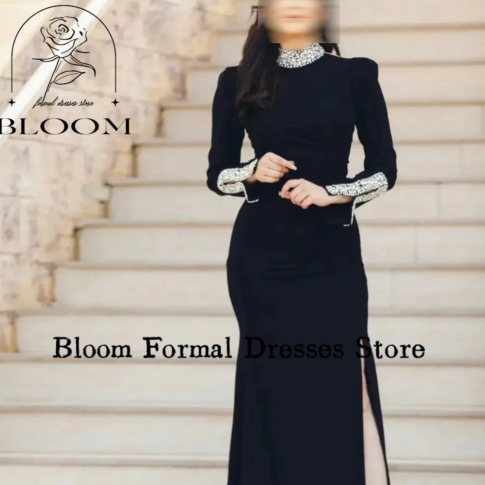 Bloom High Neck Crystal Evening Dresses For Prom Long Sleeves Buttons Side Split Noble Celebration Wedding Party Dress 2024