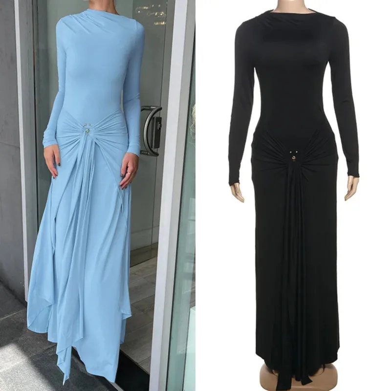 

Autumn Slim Fit Women’s Dress Draped Maxi Gown With Long Sleeves And Stylish Ruched Detail Elegant Outfit For Formal Events New