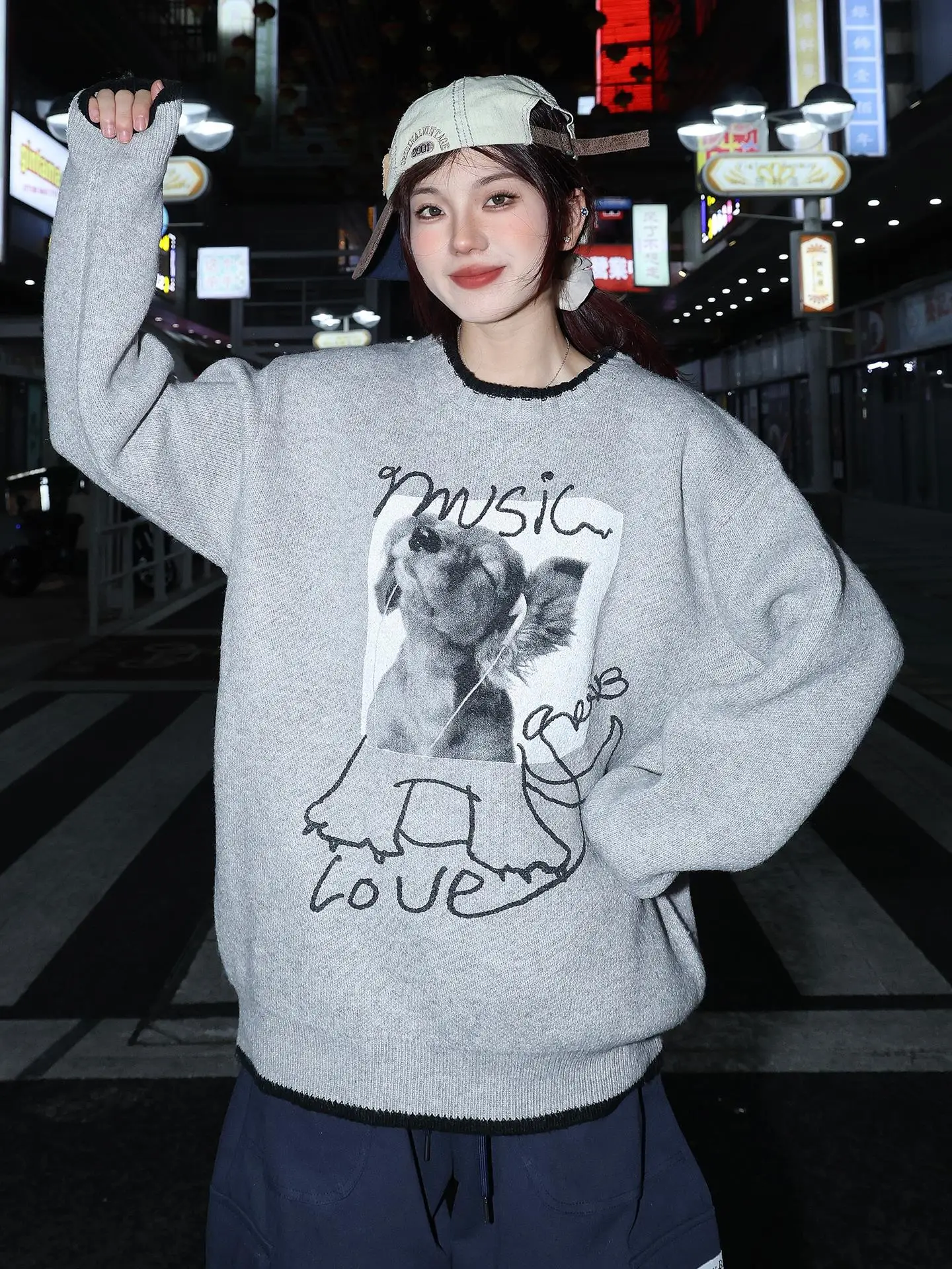 

Вязаный свитер в стиле ретро с милым щенком, осенне-зимний, свободный, повседневный, для пар, в американском стиле