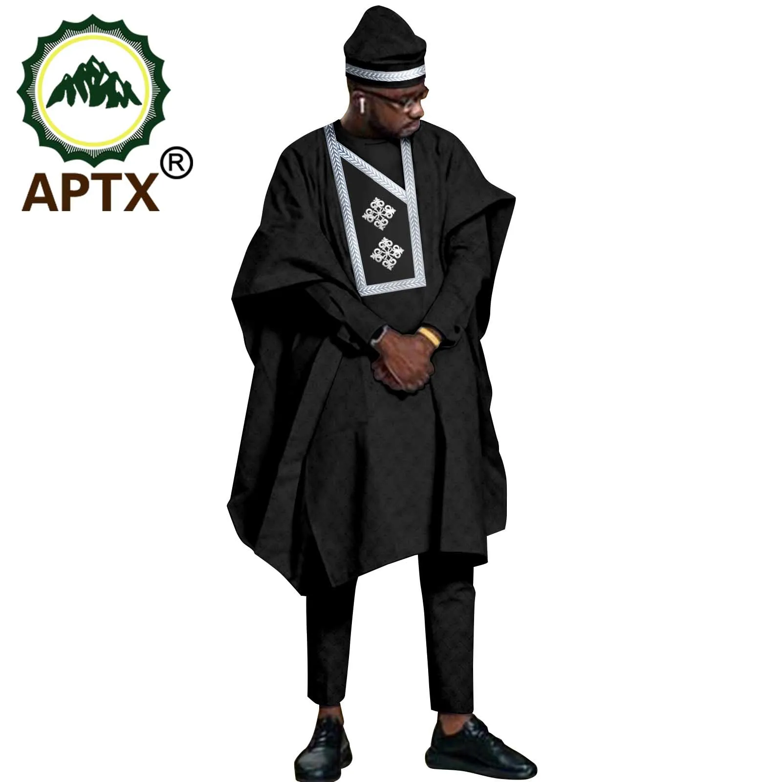 Африканская мода APTX, мужской комплект Agbada из 4 предметов, Халат + рубашка + брюки, комплект с шляпой, свадебная Деловая одежда TA2216119