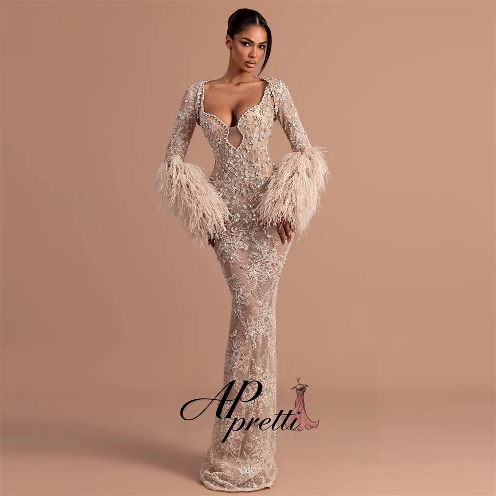 AP pretti Exquisite Beading Feather Mermaid Evening Gown Dress Square Collar Floor-Length High Quality Party Dress Customized
