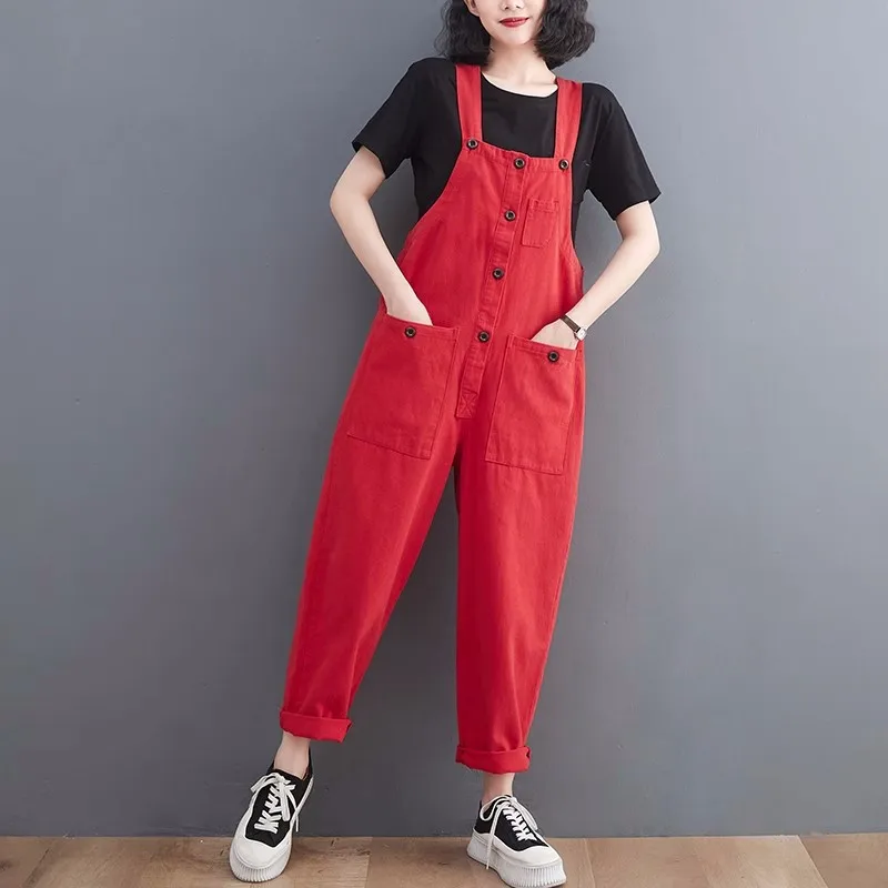 

Fashion Pockets Overalls Women New Spring Summer Loose Rompers Solid Color Suspender Pants Female Jumpsuit Casual Trousers H2881