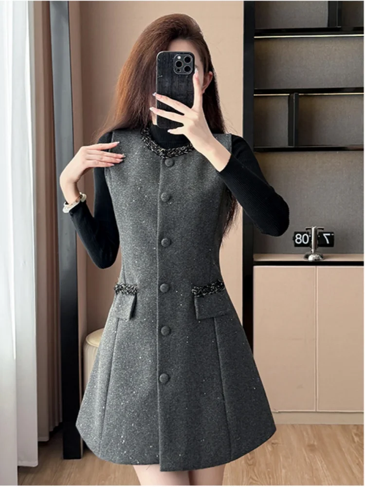 SMTHMA Koreanische High-End-Neue Mode Woolen Einreiher Ärmellose Luxus Perlen Weste Kleid + Gestrickte Pullover Zwei-stück Set