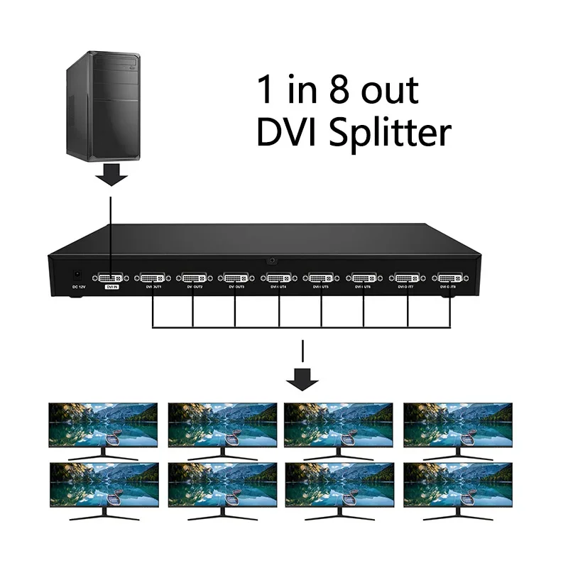 20251080P 1 in 8 Out DVI Splitter 1X8 DVI Distribution Splitter Support 3D Stereoscopic Display