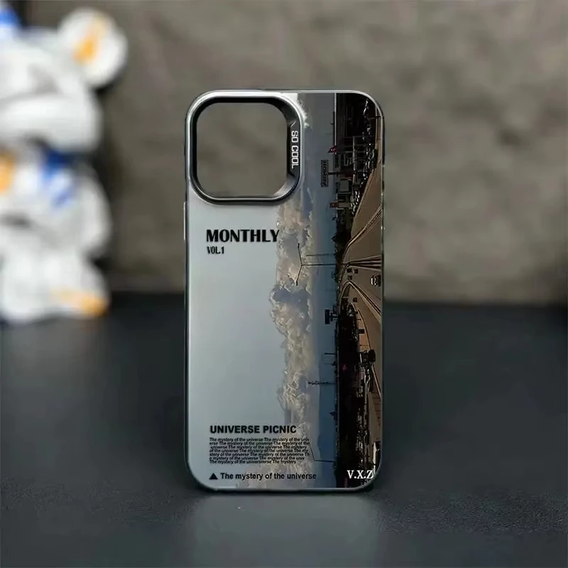 Funda de teléfono con diseño de paisaje de carretera para IPhone 15 Pro Max 14 13 12 11 XS XR, cubierta de marco de espejo chapado con simplicidad creativa