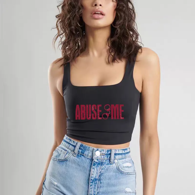 ABUSE ME Letters Womens Camis Girls Sexy Slim Tops Female Cute Clothes Sleeveless Double Nylon Ladies Good Quality Tops Tees