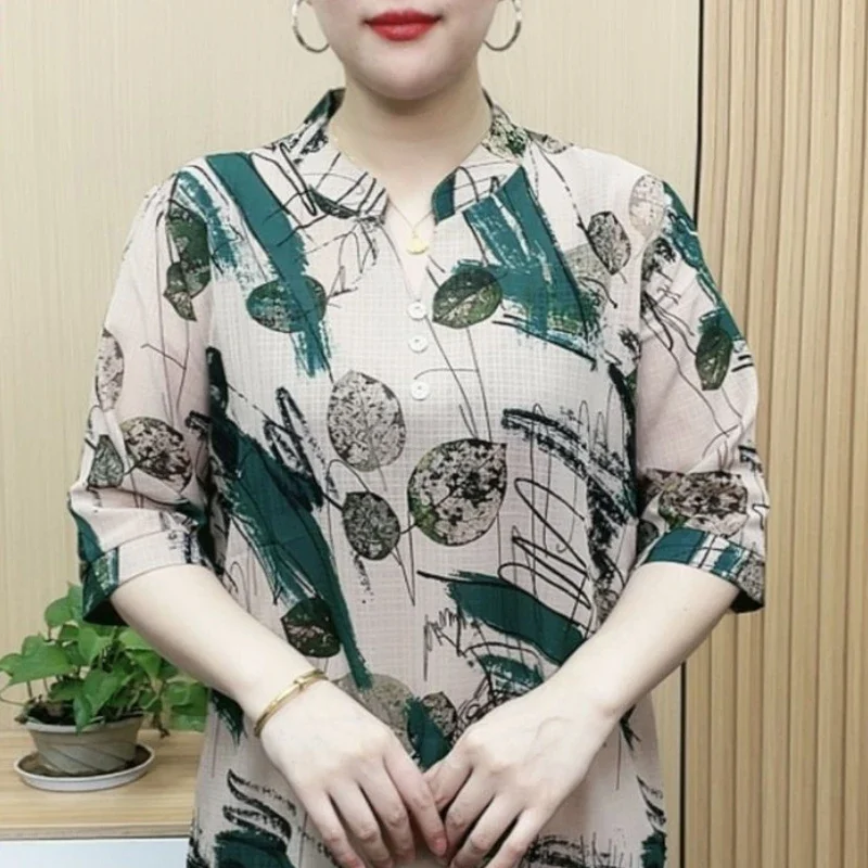 2024 Summer Commuter Fashion Versatile Loose Half Sleeve Chiffon Pullovers Standing Collar Printed Button Women's T-shirt Top