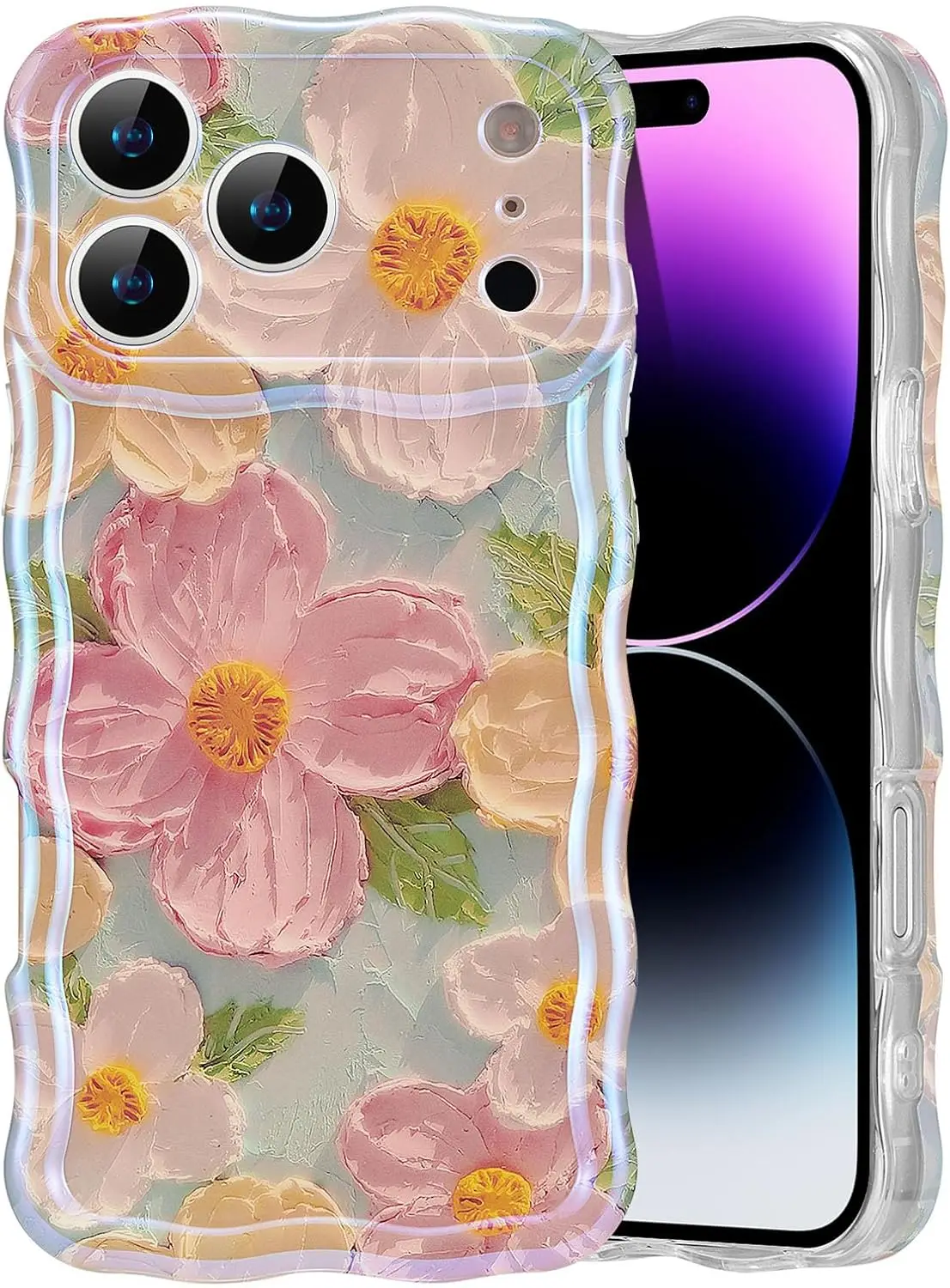 Bunte Retro-Ölgemälde-Blumen iPhone 17 Pro Max Hülle, Glänzendes Muster mit Gewelltem Rand für Frauen - Grün