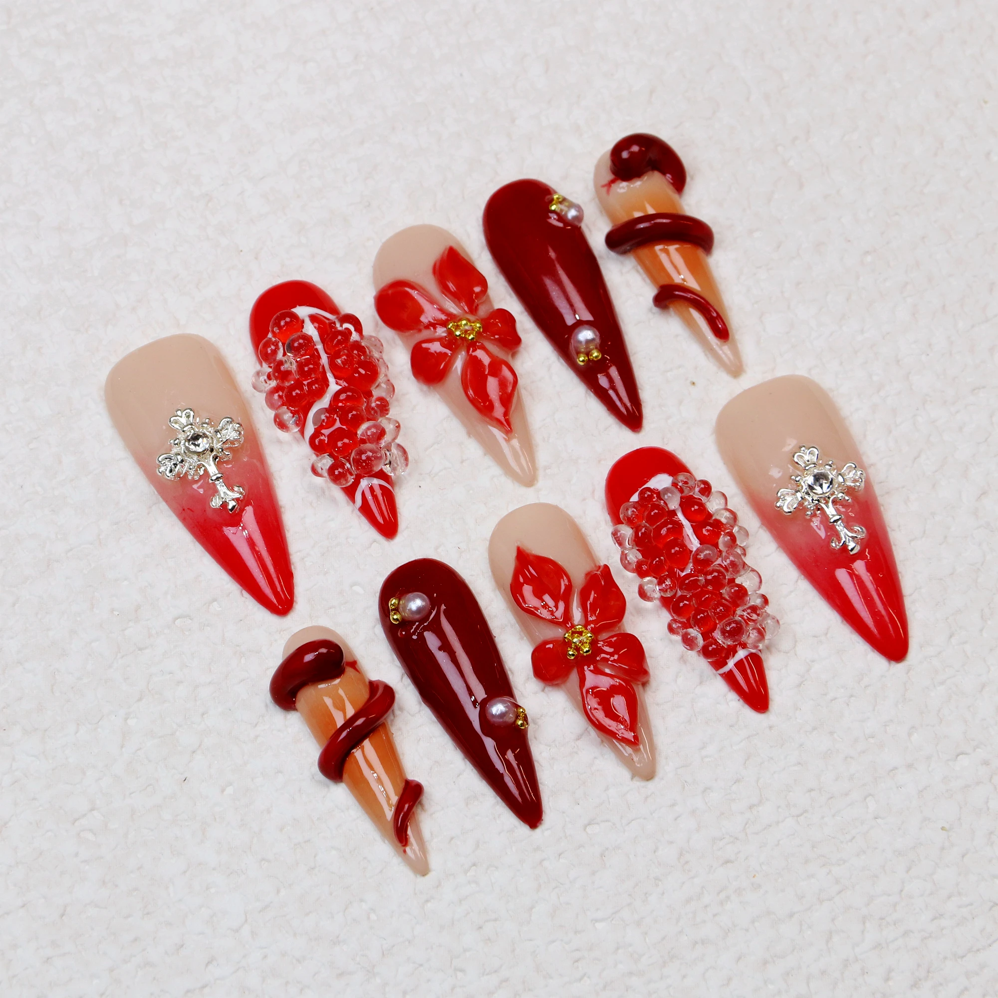 10Pcs Gel Red Long Stiletto Press on Nails Snake wound itself around Custom 3D Floral Nail for Halloween Bloody Color Cosplay