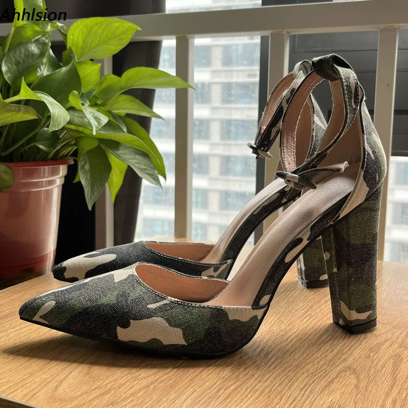 

Ahhlsion New Arrival Women Pumps Chunky Heels Pointed Toe Buckle Strap Camouflage Cosplay Shoes Ladies US Size 5-15