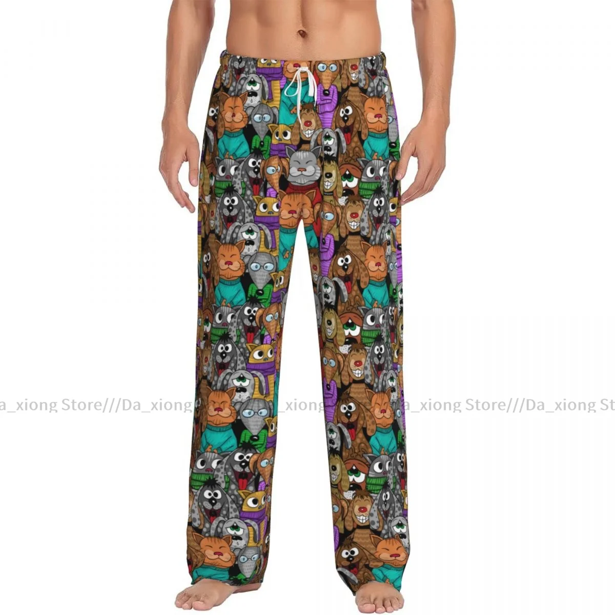 Mens Casual Pajama Long Pant Loose Elastic Waistband Comic Cartoon Cats And Dogs Cozy Sleepwear Home Lounge Pants