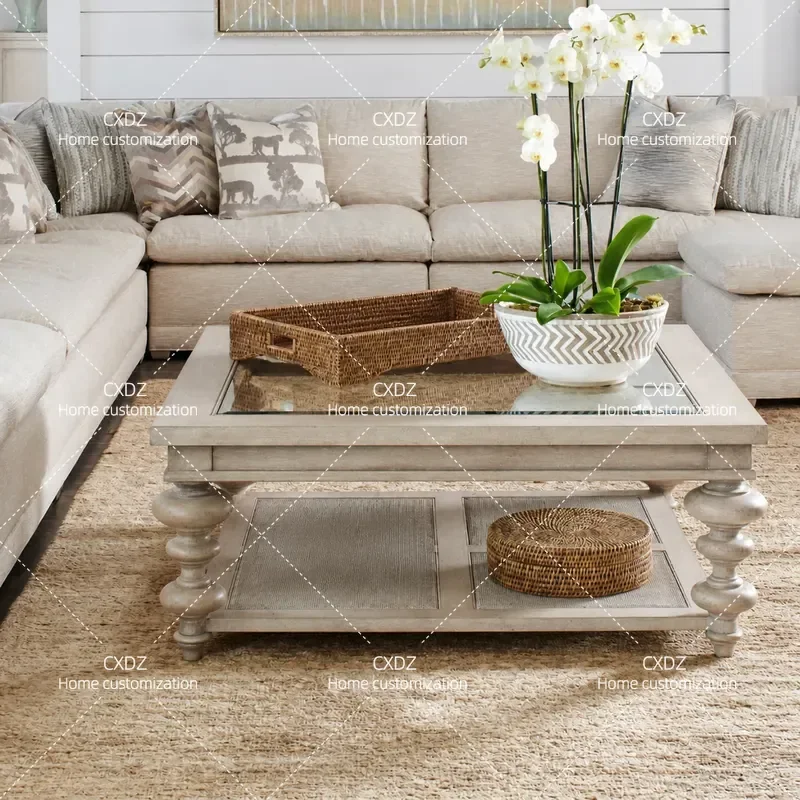 Antique Country Style Square Sofa Table Solid Wood Double Layer Coffee Table with Glass Top for Living Room Household Tea