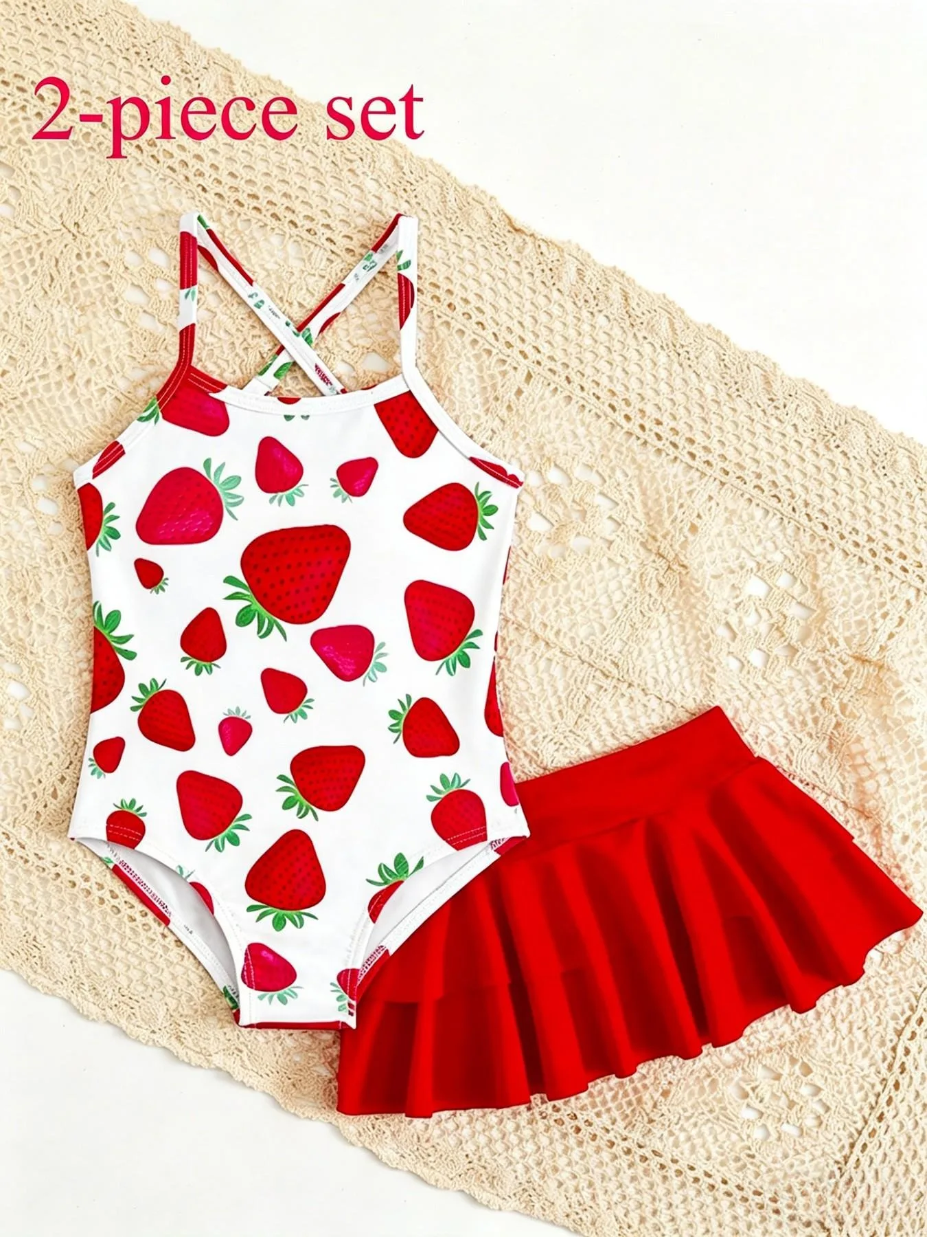 Kids Girls 2-Piece Strawberry Print Cross Back One-Piece Swimsuit & Skirted Shorts Set Summer Beach Pool UPF 50+ Quick Dry Swimw
