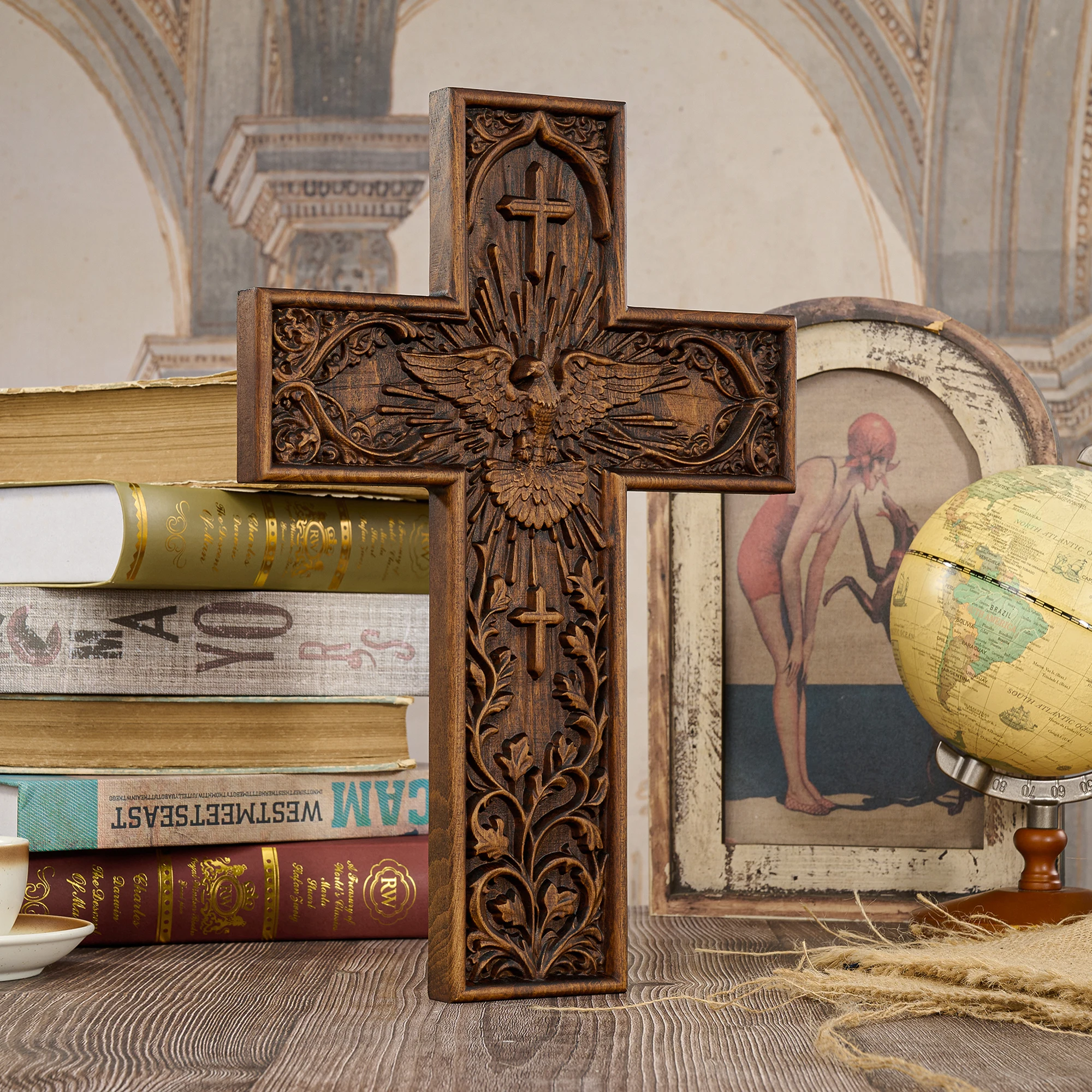 Wooden Holy Spirit Dove Wall Cross Hand Carved Relief Floral Pattern Religious Wall Plaque Catholic Christian Home Church Wall H