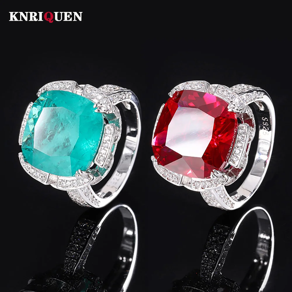 

2023 Luxury 100% 925 Sterling Silver 14*14mm Emerald Ruby Rings for Women Vintage Gemstone Wedding Band Party Fine Jewelry Gift