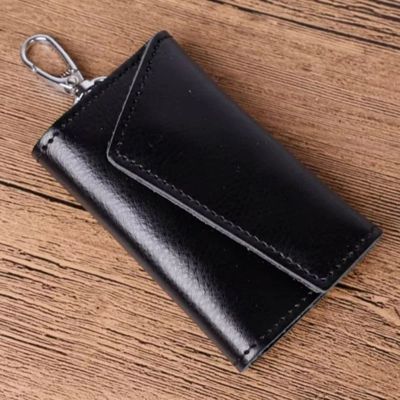 Sturdy Leather Keychain Bag Wear Resistant Built-in Hook Key Wallet Portable Black Card Bag Lightweight Solid Color Key Case