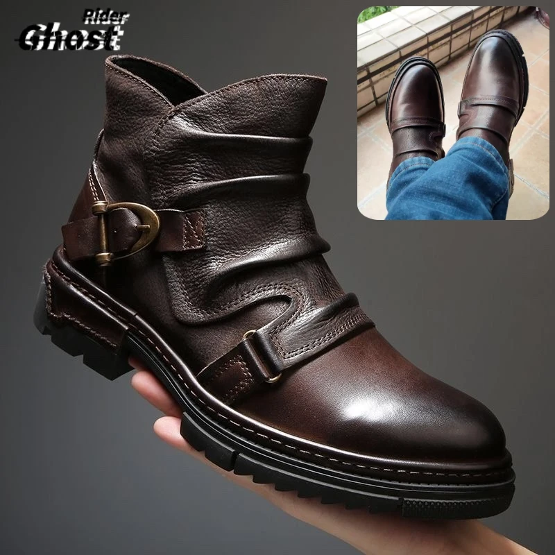 

HOT Handmade Motorcycle Riding Shoes Casual Genuine Leather Chelsea Boots for Men Retro Fashion Buckle Zip Short Moto Boots