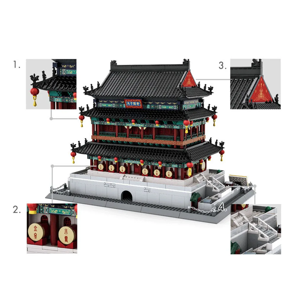 China Historical Ancient Architecture Building Block Xi'an Drum Tower Construction Brick Model Sets Toy Collection For Giftt