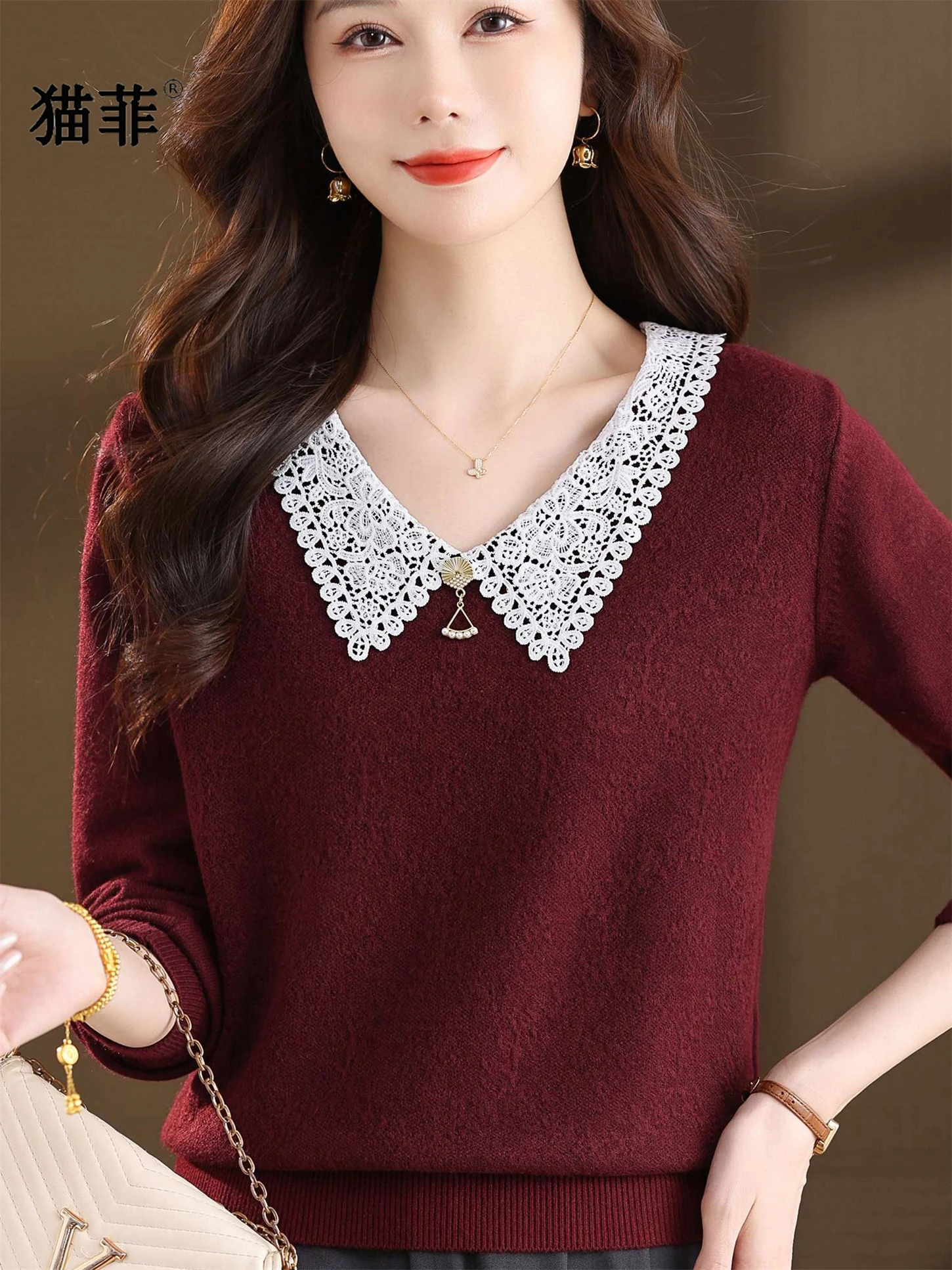 

Модный кружевной трикотажный свитер с воротником-стойкой, универсальный, для женщин среднего возраста, стройнящий, теплый, для молодых мам, весна-осень