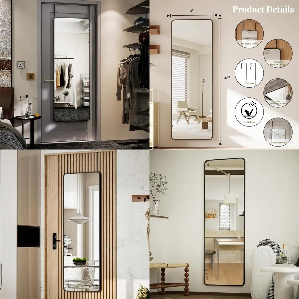 Full-Length Aluminum Frame Door Mirror with Adjustable Hangers for Hanging, 14x48 Inches, Height-Adjustable Body Mirror