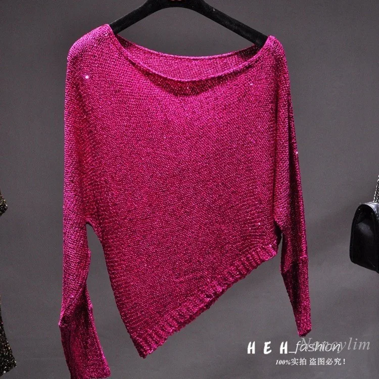 Sequined Knitwear Women's Sexy Off One Shoulder Long Sleeve Knitted T-Shirt Short Midriff Outfit Gold Thread Pullover Top Autumn