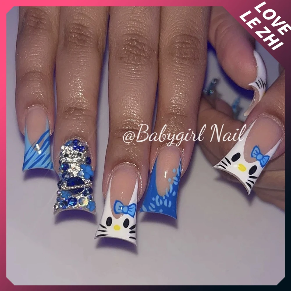 

Spice Girl Y2K Hello Kitty Duck-Bill Handmade Nail Tips 3D Rhinestones Zebra-Stripe Duck Web Metal Punk Press On Nails Gifts