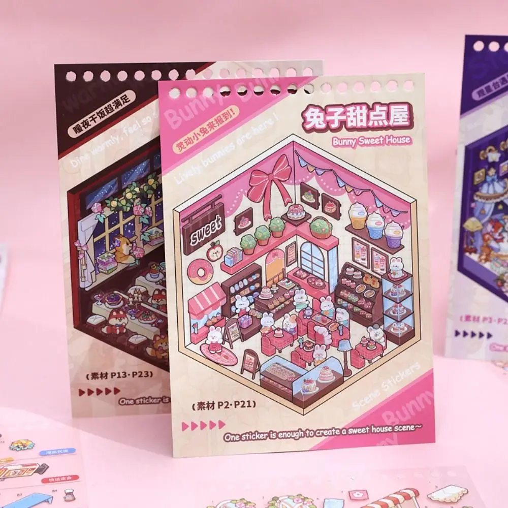 Fairy Tale Theme 3D Miniature Scene Stickers 20 Scenes Stress‑relief Landscape Sticker Book Collage DIY Cabin Scene Sticker Toy