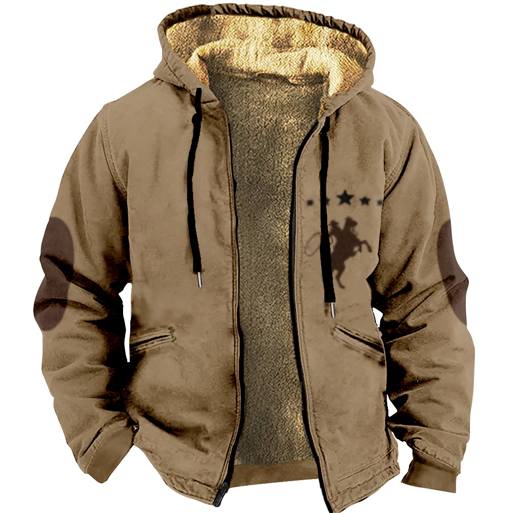 Homens e mulheres Cowboy Denim padrão manga comprida com zíper Hoodies, roupa grossa, moletom, jaqueta, Casacos, inverno