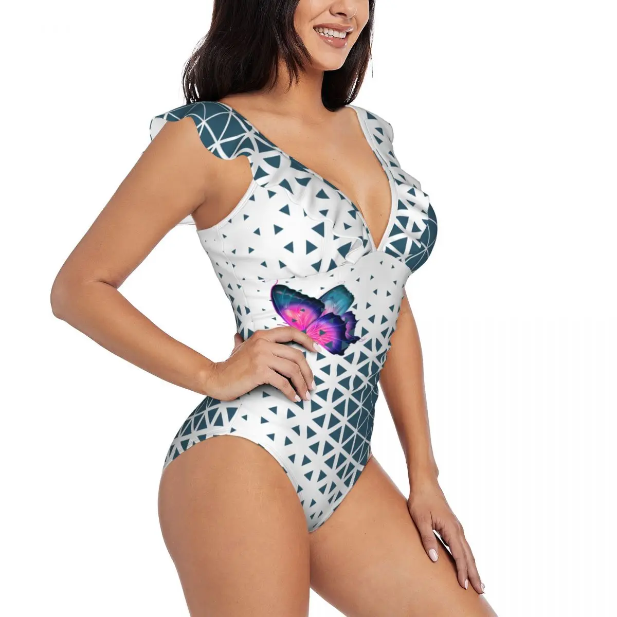 Bañador bohemio de una pieza para mujer, traje de baño de una pieza con patrones de línea curva de mariposa azul, traje de baño con volantes, bikini Sexy blanco