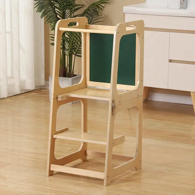 Kitchen Step Stool Foldable Learning Tower with Safety Rail Chalkboard and 3 Adjustable Heights for Kids Use