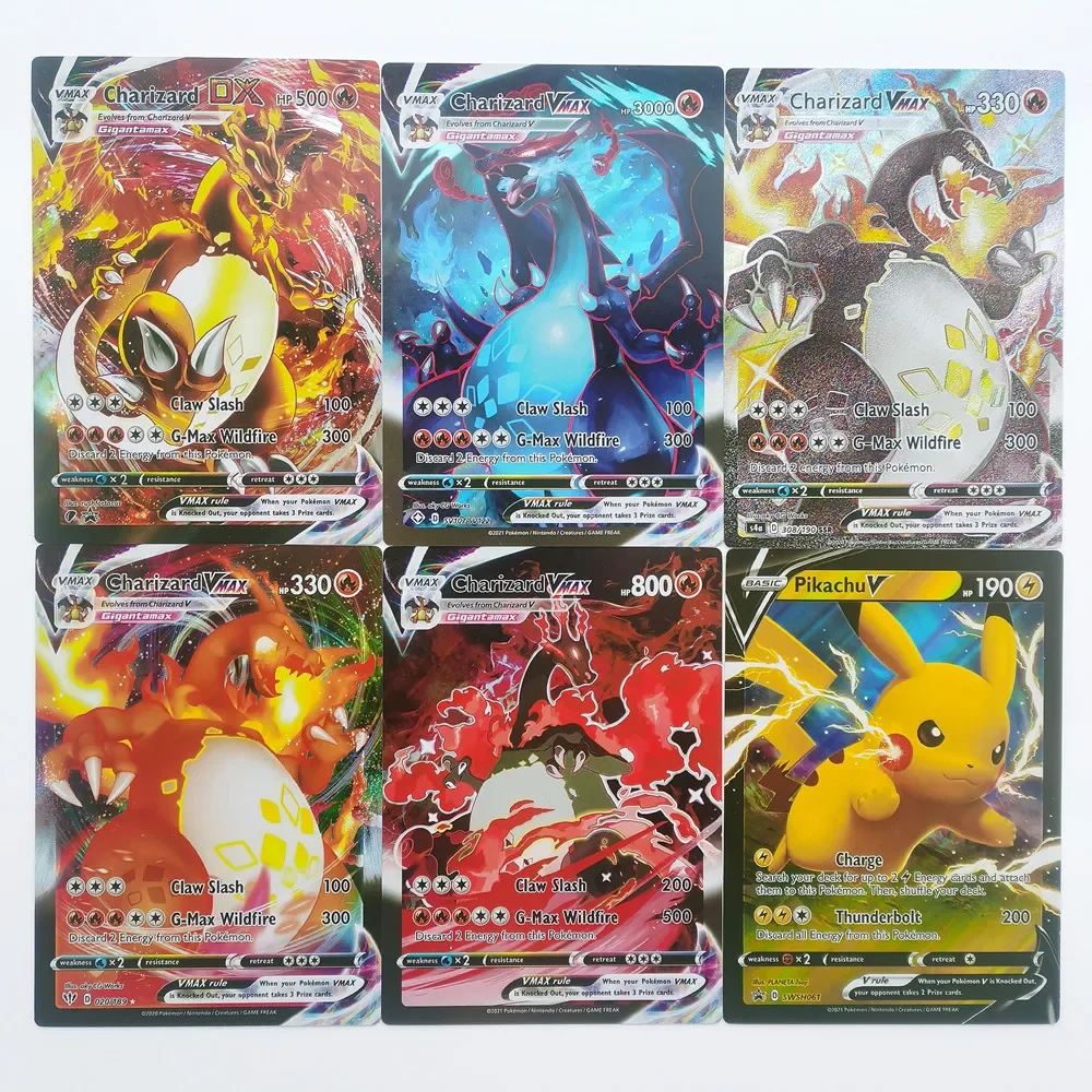 特大のポケモンカード,vmax,vstar,gx,arceus,pikachu,Chargizard,非常に光沢のある,新しい,12個