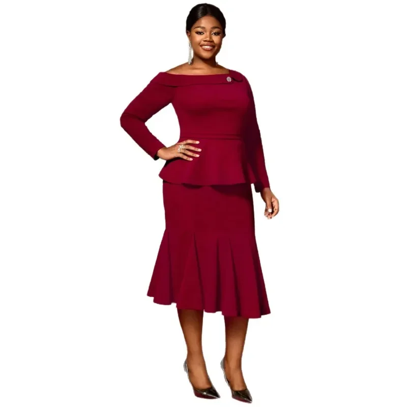 

2 Piece African Clothes for Women Autumn African 3/4 Sleeve Polyester Top Skirt Matching Sets Plus Size Dashiki Africa Clothing