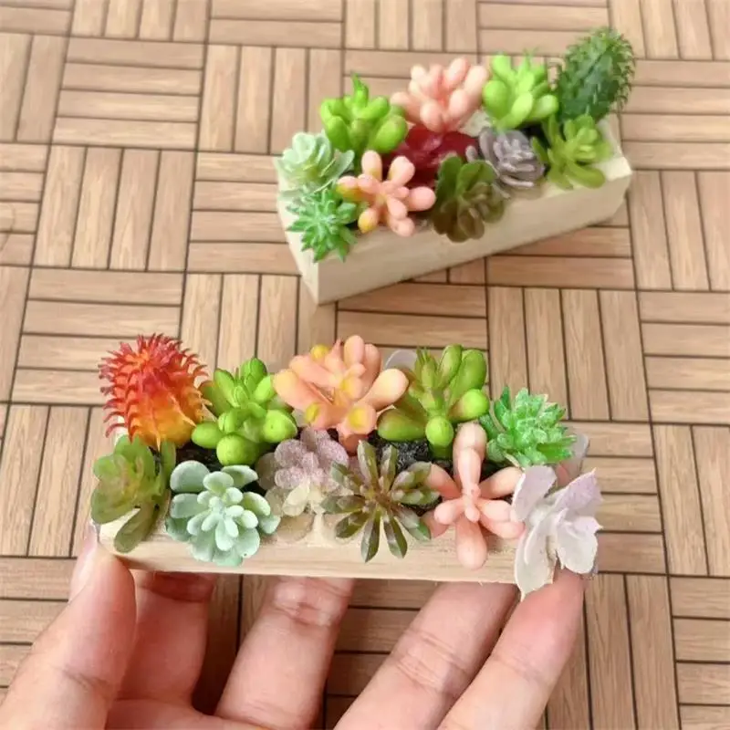 Random Dollhouse Miniature Succulent Wooden Trough Green Plant Pot Model Micro Landscape Decor Ornaments Pretend Play Toys