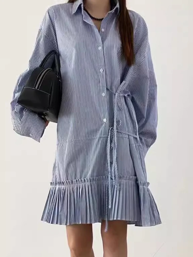 Clothland Women Sweet Striped Shirt Dress Lace Up Long Sleeve Loose Style One Piece Female Chic Mini Dresses Vestido QD809