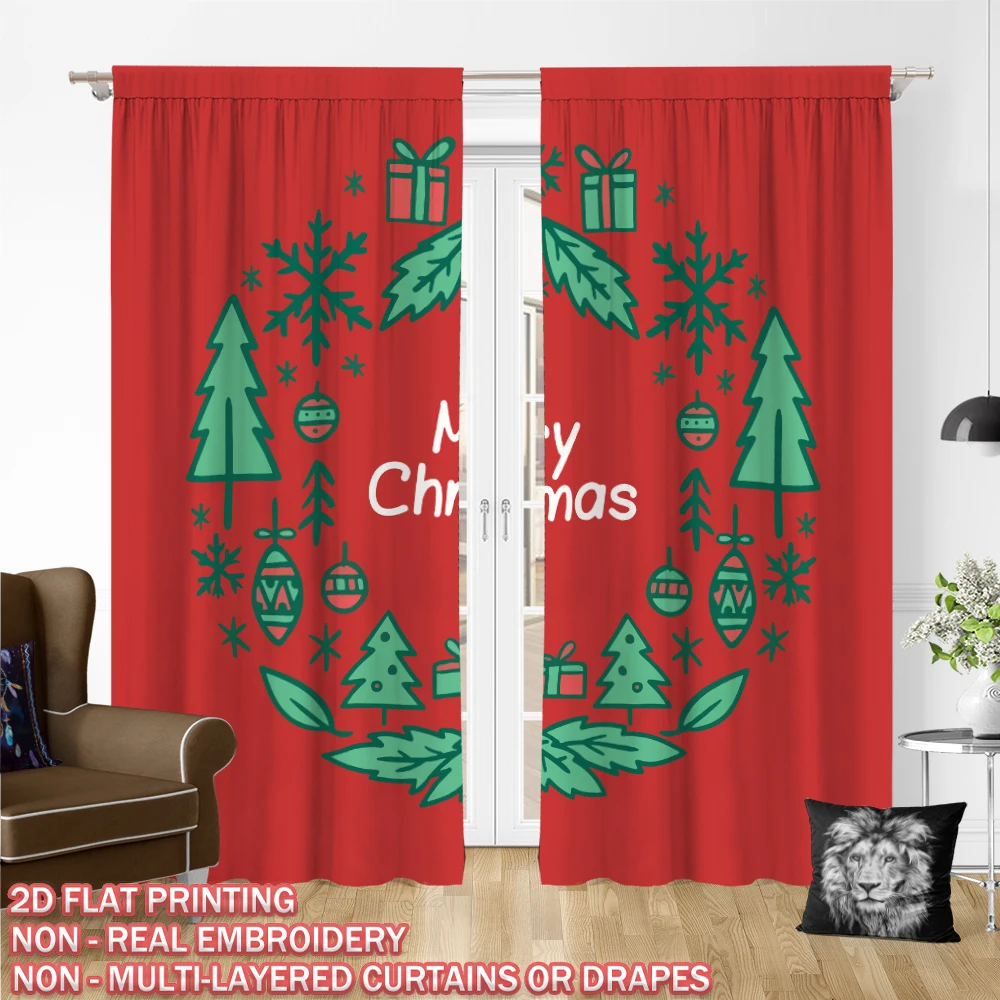 Christmas Flat Printing Curtain with Christmas Trees Box Snowflake Mistletoe Ball For Christmas Home  Door Windows Decor Party