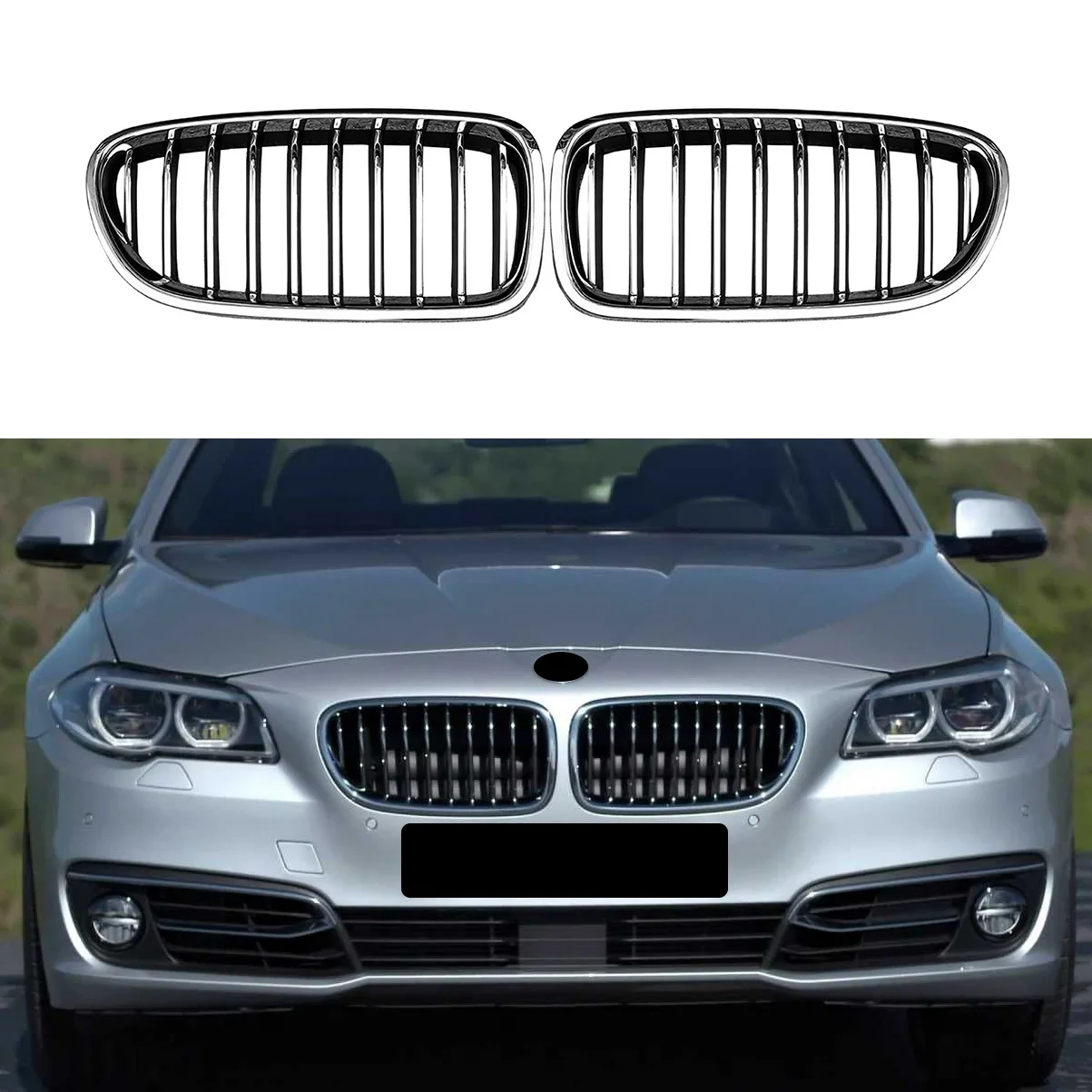 2Pcs Car Front Hood Kidney Grille Grill Mesh Chrome Racing Grills for 5 Series F10/F11 M5 520I 523I