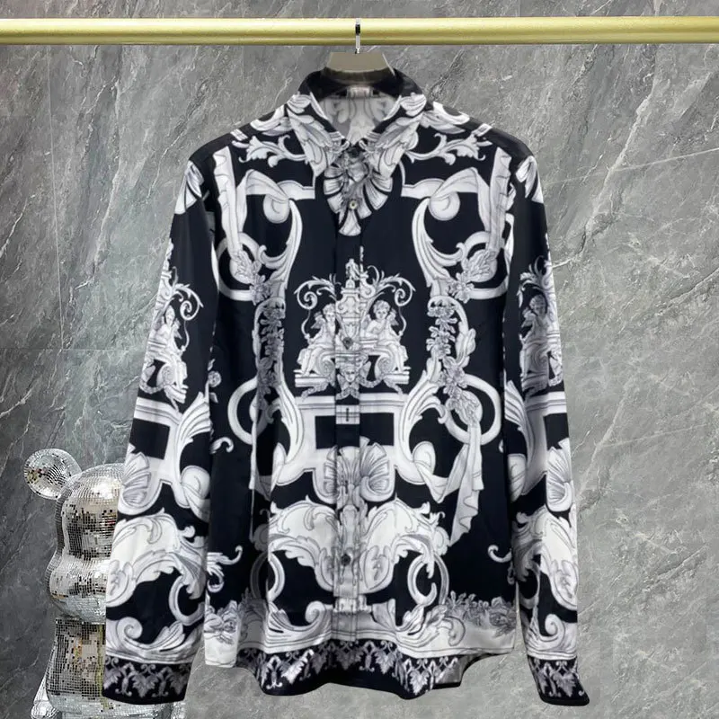 

Vintage Black White Contrast Shirt Luxury Designer Shirt Men Long Sleeve Printed Personalized Shirt Hip Hop Party Holiday Shirt