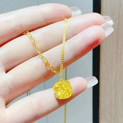 Boutique AU999 gold necklace female new clavicle chain 24K pure gold brushed small sugar cube pendant for girlfriend gift