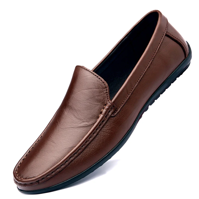 Spring Genuine Leather Men\'s Loafers Handmade Moccasins Casual Shoes Soft Sole Mens Business Flat Brown Minimalist Leather Shoes