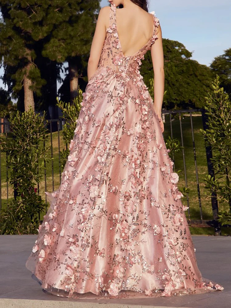 Ballkleider für Frau rosa Spitze Applikationen ärmellose boden lange Sweep Zug formelle Gelegenheit Party Abendkleid elegant heiß