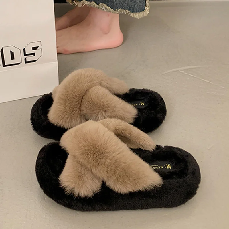 

Fur Platform Cotton Slippers Flats Fashion Plush Shoes 2025 Winter Walking Flip Flops New Brand Home Comfort Snow Boots Mujer