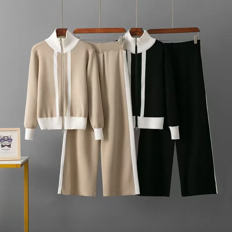 

Faionable Knitted Zipper Top And Wide Leg Pants Two Piece Set Long Sve Stand Collar Zipper Closure Glue Fabric Women's Suit