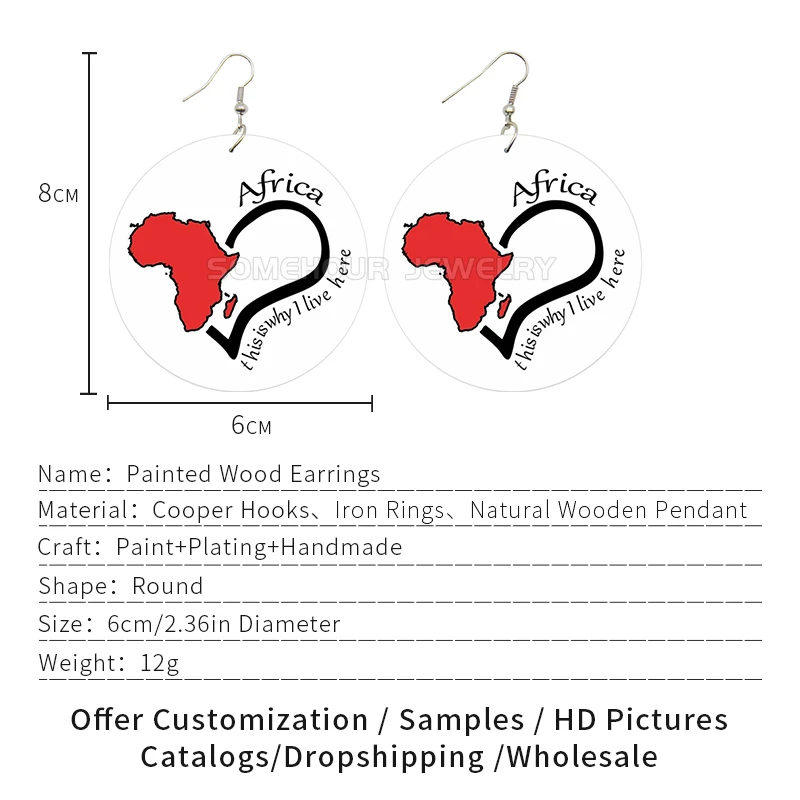 SOMEHOUR Africa Mainland Map Design Women Wooden Drop Earrings Life Begins Here Power Fist Print Wood Pendant For Blacks Gifts