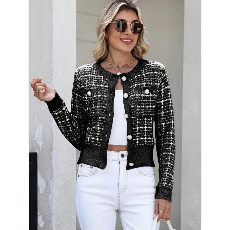Women's Plaid Knitted Cardigan, Women's Small Fragrance Style Jacket, Pearl Button Fashion Sweater, Women's