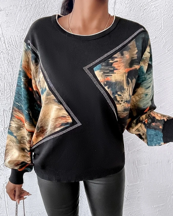 Women's Pullover Sweater Top 2024 Winter Daily Casual Abstract Tie Dye Pattern Rhinestone Sweater Cewneck Long Sleeve Tops